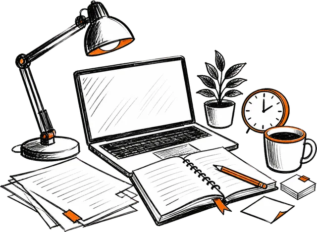 Scrivania con laptop, appunti e materiali per la stesura della tesi